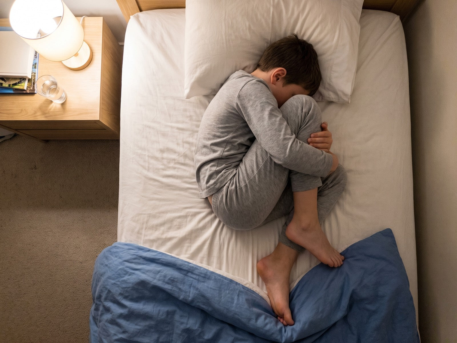 A nine year old boy curled up on his bed at night in the dark, knees drawn up, holding his shins