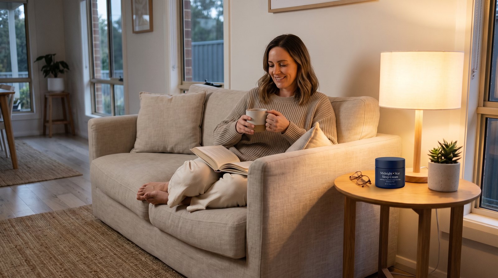 A mother relaxing on the couch in the evening with a cup of tea and a book
