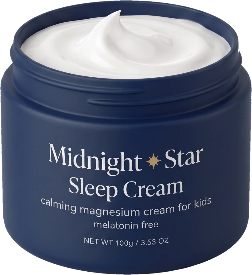 An open jar of Midnight & Star Sleep Cream, filled with white cream