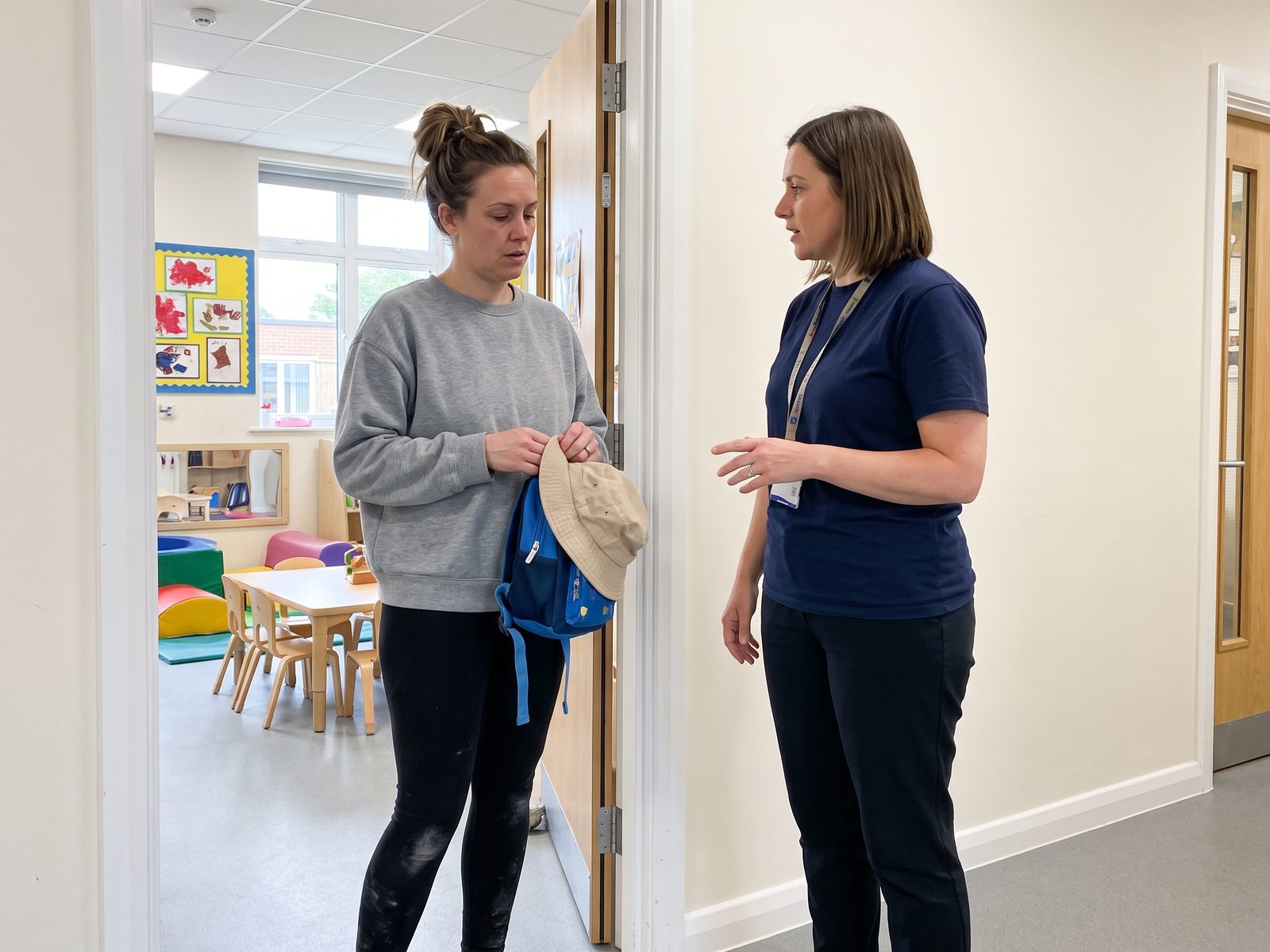 A tired mother listening to a childcare staff member explaining something in the corridor outside the kindergarten room