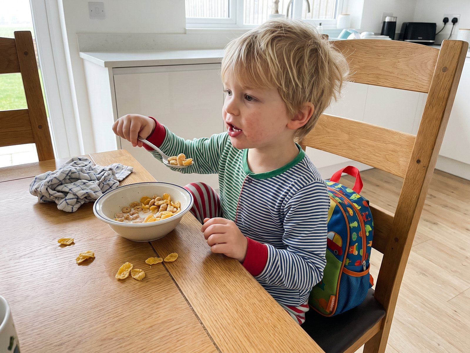 A small boy in pyjamas eating cereal at the kitchen table in the morning, chatting to someone off camera