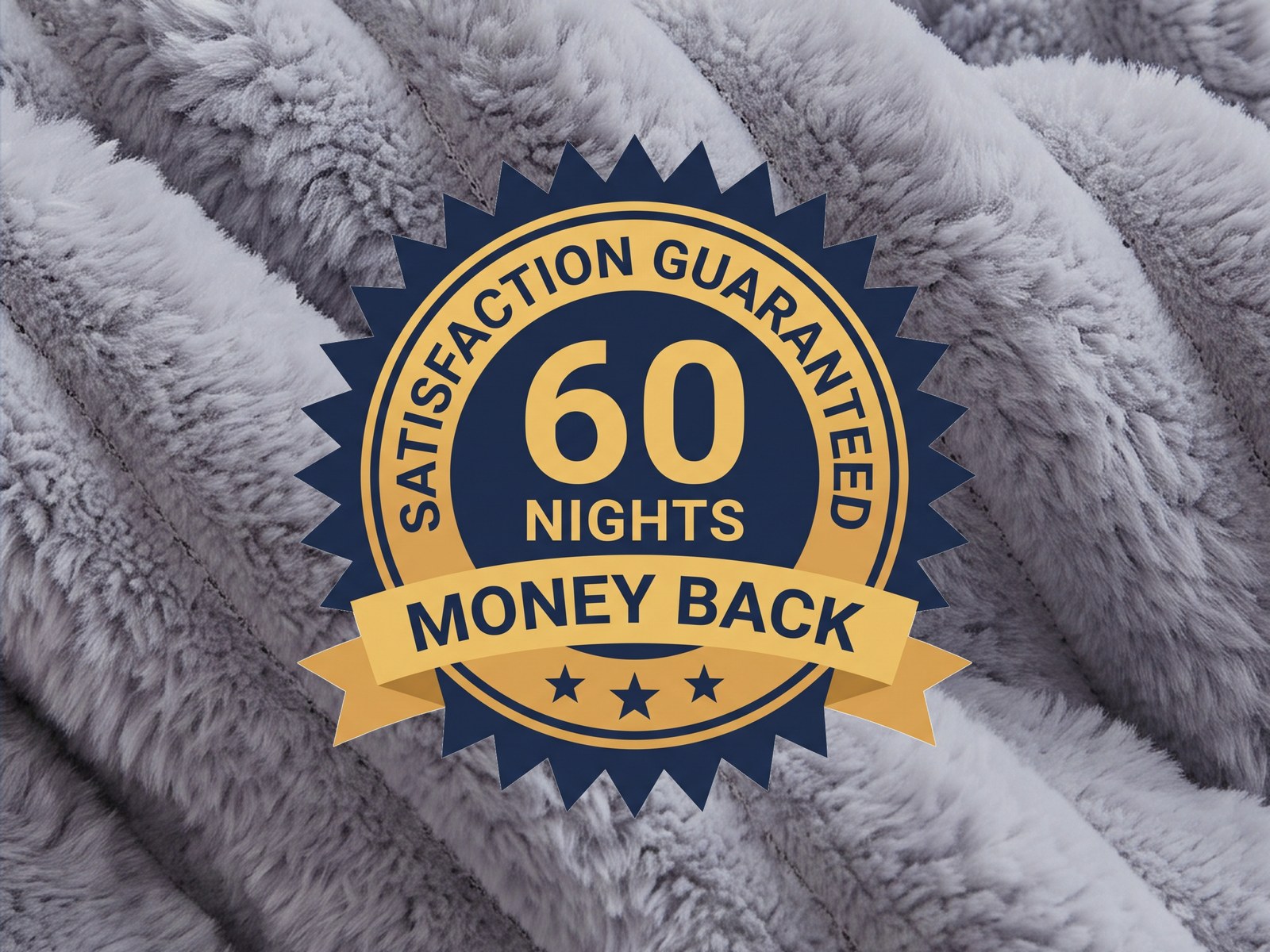 60 nights satisfaction guaranteed, money back, over the heavyweight blanket's ribbed texture