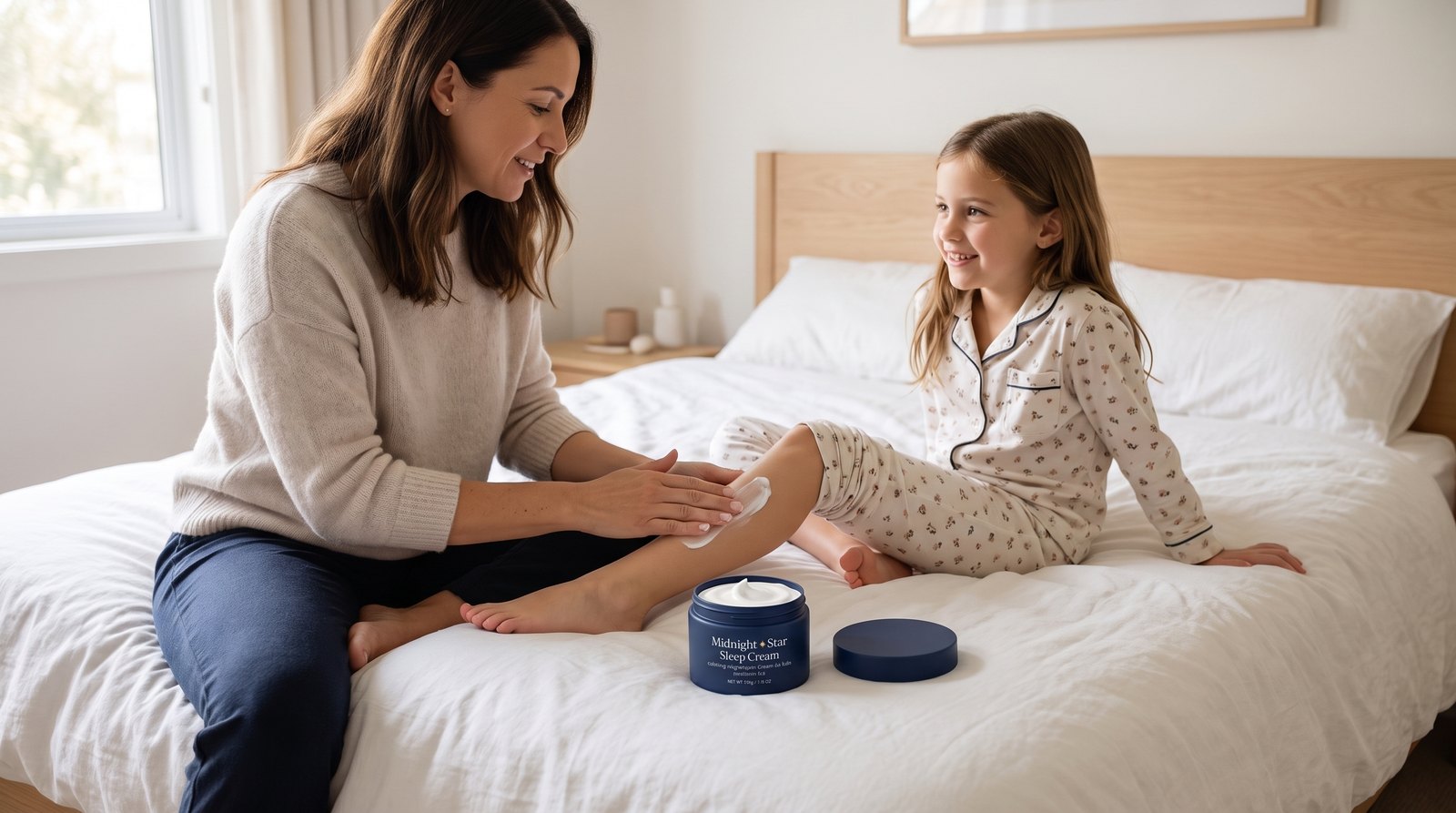 A mother smoothing the cream into her child's calf on the edge of the bed, both relaxed