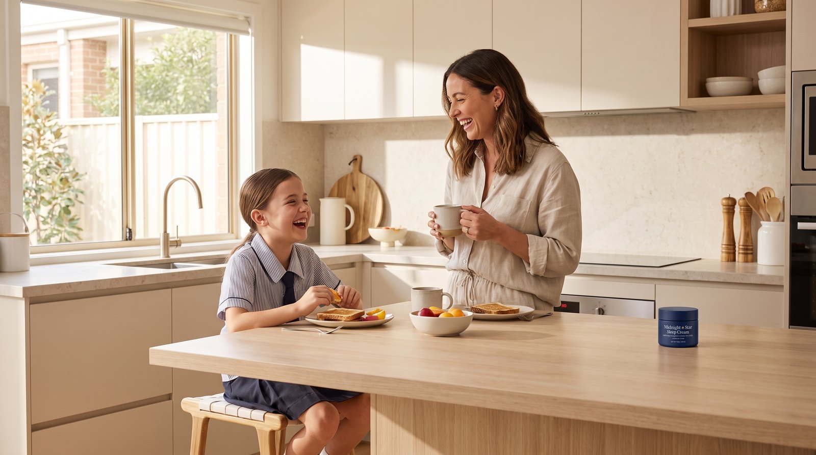 A child in school uniform laughing over breakfast with their mum in a sunlit kitchen