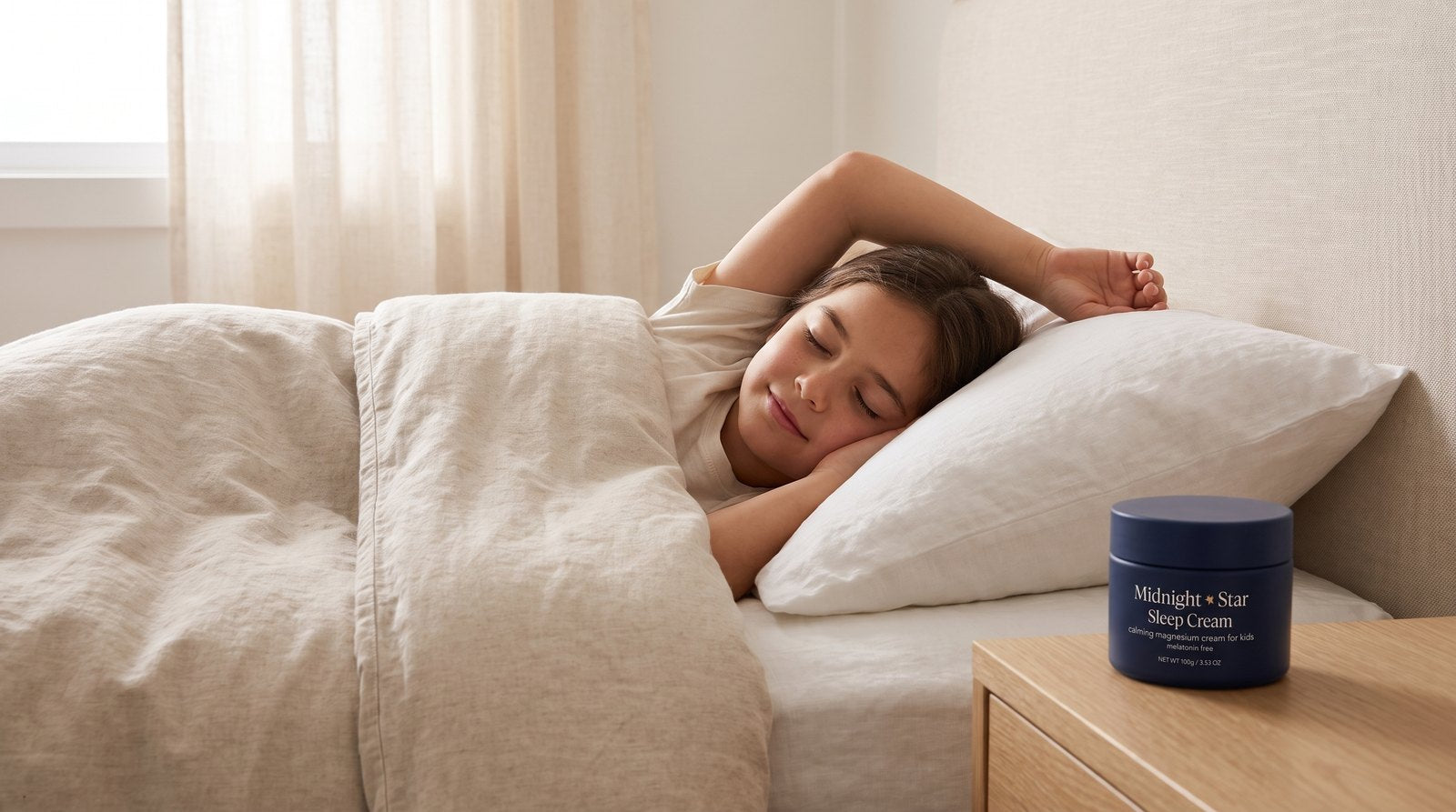 A child sleeping deeply and peacefully, the Midnight and Star tub on the bedside table