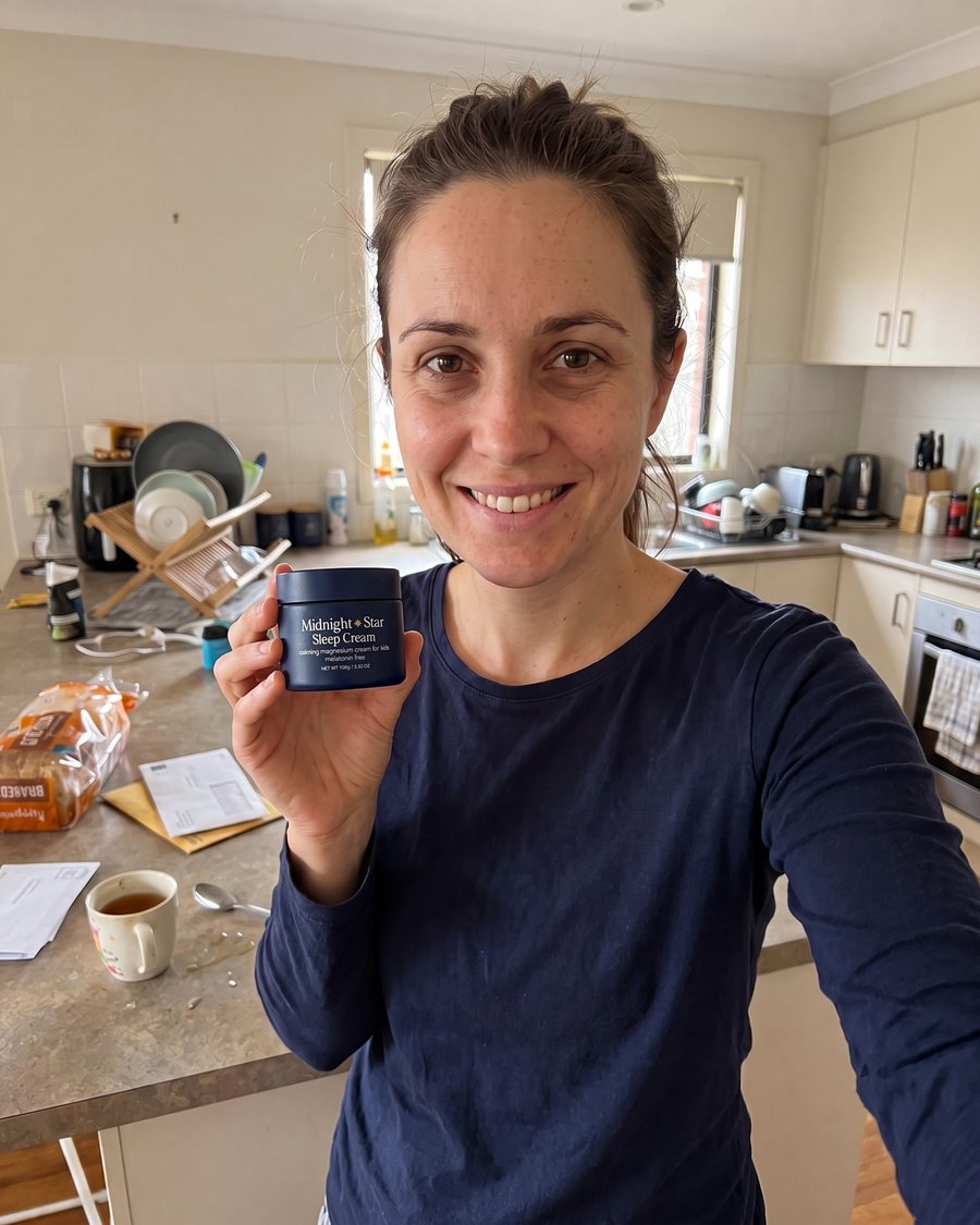 Danielle R. in her kitchen holding the Sleep Cream tub