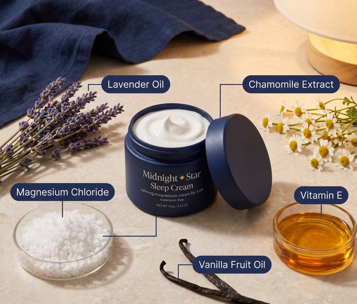 The open tub with its five ingredients laid out around it